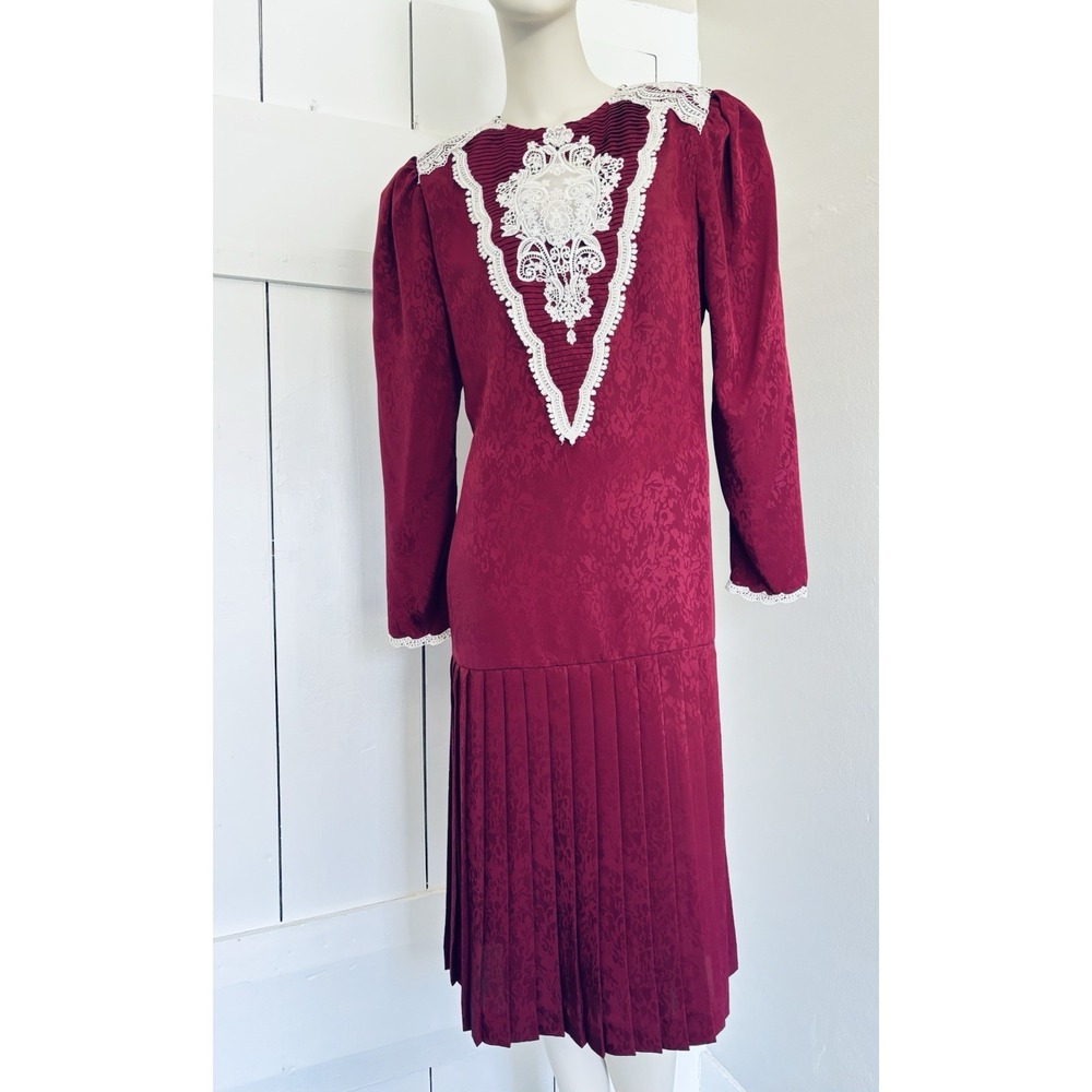 Vintage‎ In The Mood 80's Pink Lace Pleated Midi Dress Size 10 Cottagecore Silky
